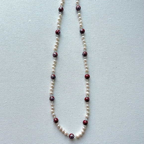 Vintage Pearl & Red Cloisonné Bead Necklace - Picture 2 of 6